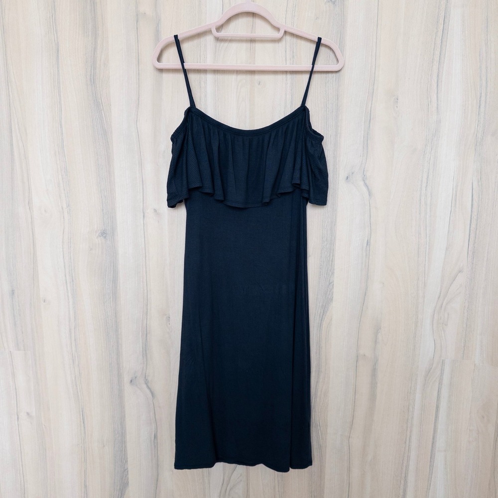 Abercrombie & Fitch Womens Off Shoulder Dress Sz XL Black Ribbed Midi Minimalist